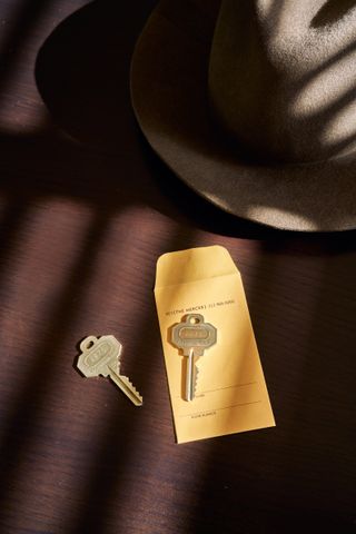 Hotel room keys on tabletop