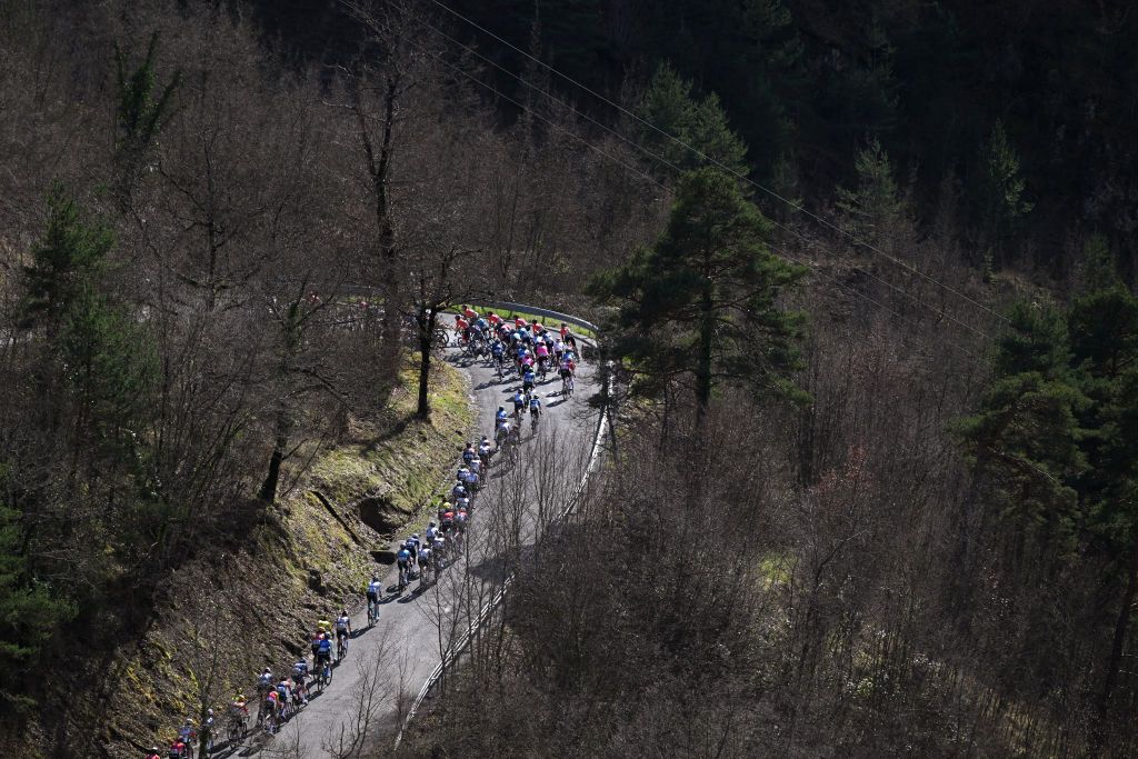 NICE FRANCE MARCH 16 A general view of the peloton competing during the 83rd Paris Nice 2025 Stage 8 a 119km stage from Nice to Nice UCIWT on March 16 2025 in Nice France Photo by Dario BelingheriGetty Images