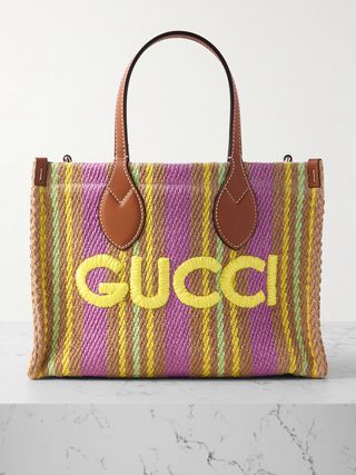 Small Leather-Trimmed Embroidered Striped Raffia Tote