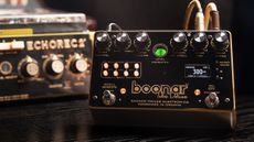 An image showing the Dawner Prince Boonar Tube Deluxe pedal and the vintage Binson Echorec 2 T7E delay unit on which it's based.