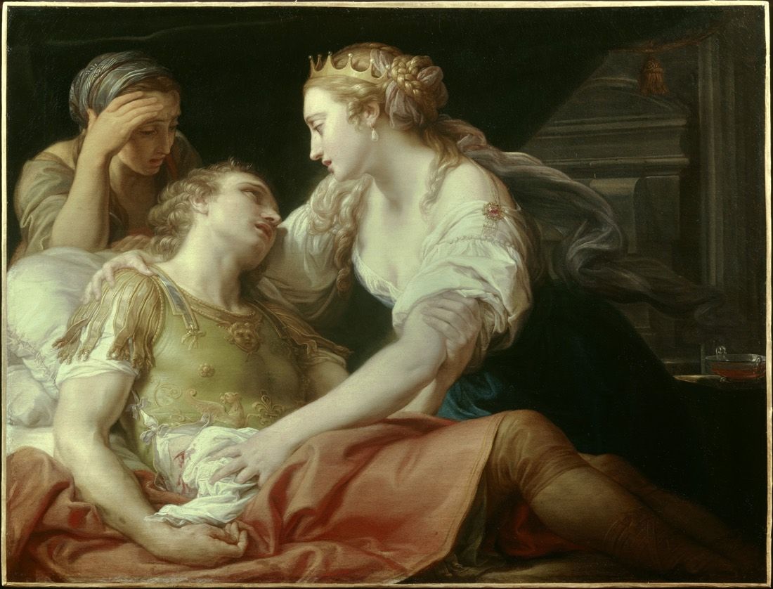 In this oil painting, Cleopatra sits beside the dying Mark Antony.