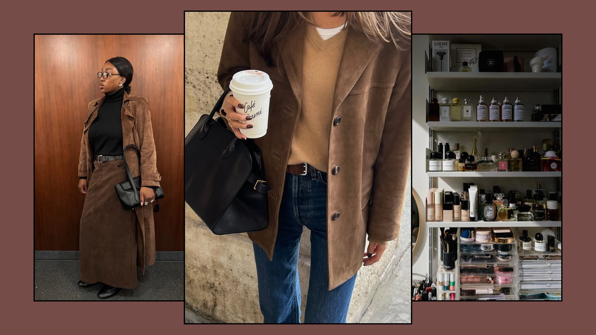Nnenna Echem and Felicia Akerstrom wearing suede jackets, plus a perfume shelfie