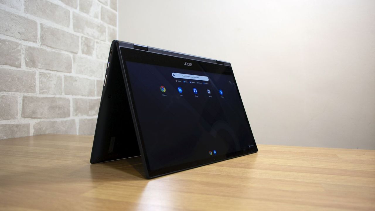 A photograph of the Acer Chromebook Spin 513 in tent mode