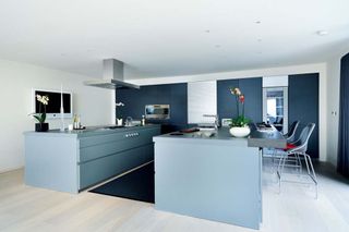 Blue kitchen with two kitchen islands