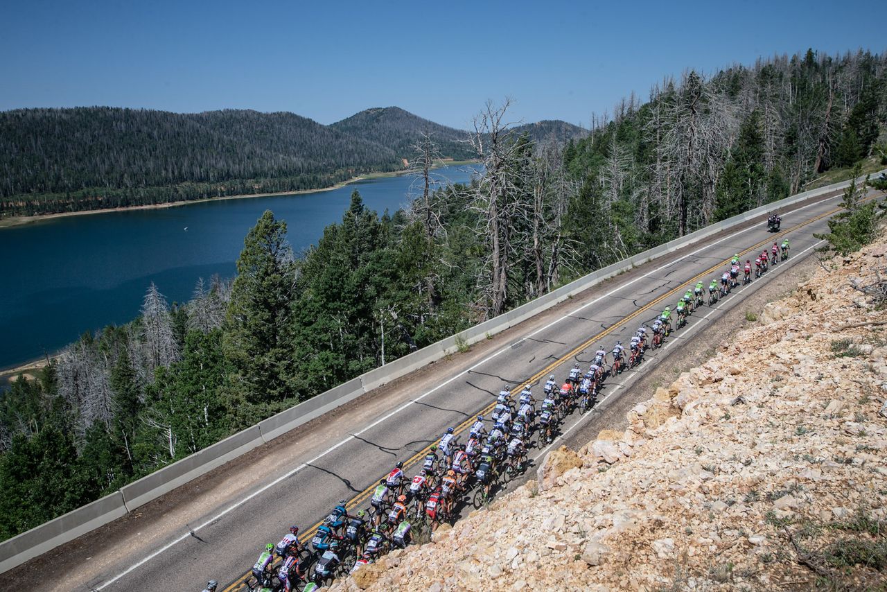 The peloton gets stretched out on its way to the Bristlecone KOM