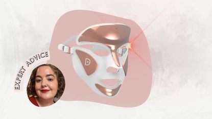 a picture of senior beauty editor rhiannon derbyshire next to dr dennis gross led mask