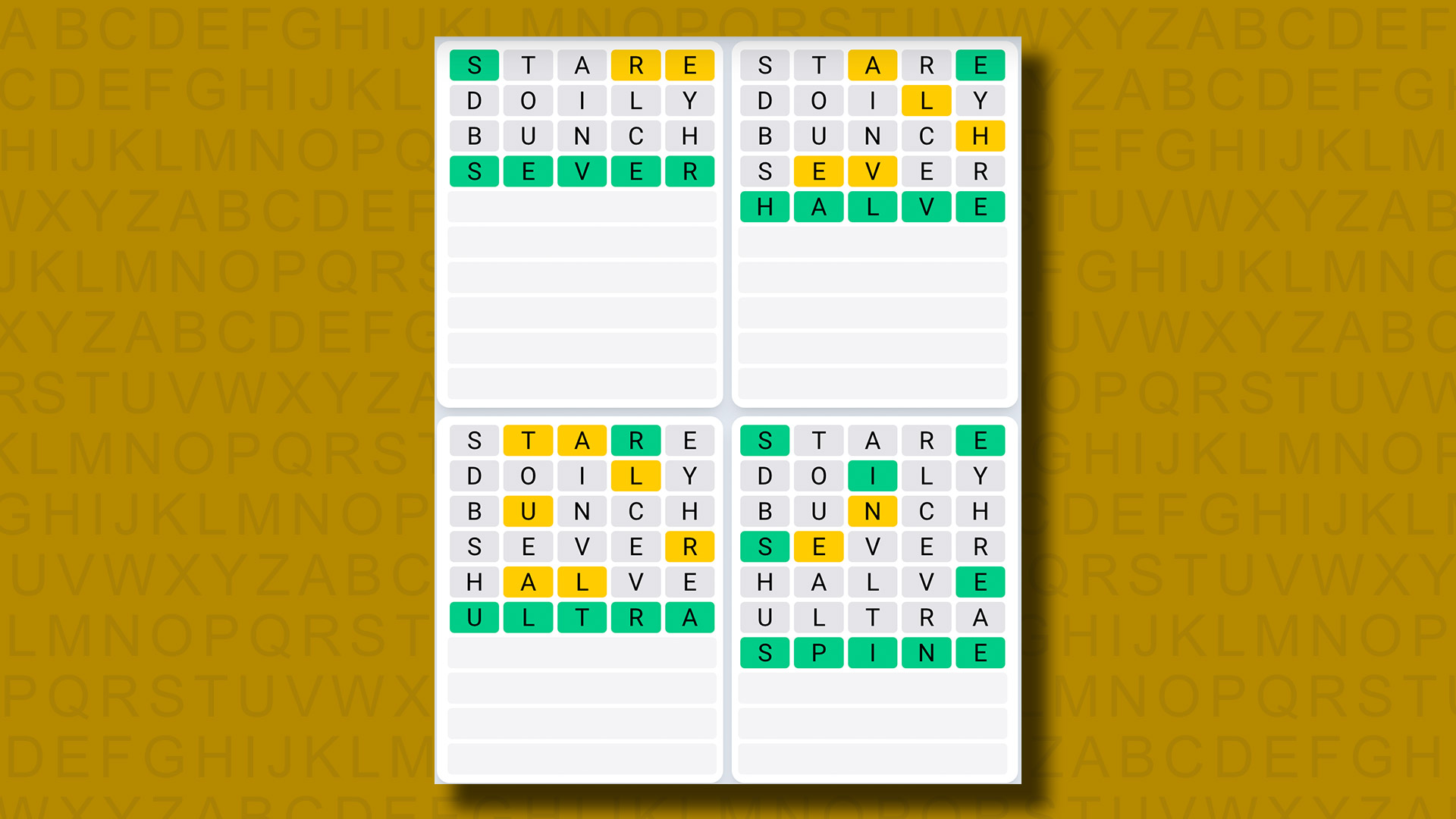 Quordle Daily Sequence answers for game 912 on a yellow background
