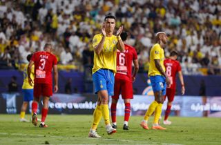 Cristiano Ronaldo of Al-Nassr Club reacts during the Saudi Pro League match between Al-Nassr and Abha at King Saud University Stadium on October 06, 2023 in Riyadh, Saudi Arabia. (Photo by Francois Nel/Getty Images)