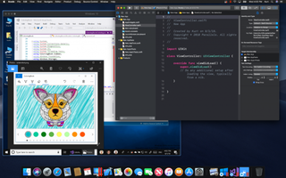 xcode and visual studio side by side in macos mojave (dark mode) with parallels desktop 14
