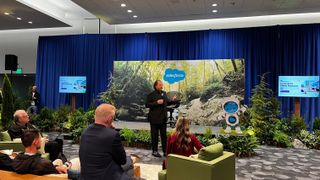 Marc Benioff, CEO at Salesforce, speaking ina. conference room at Dreamforce 2024.