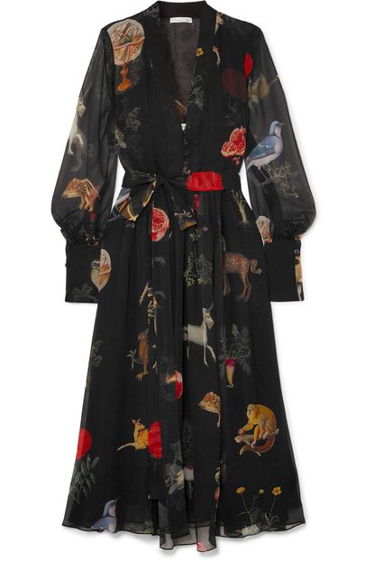 Oscar de la Renta Belted Printed Silk-Chiffon Midi Dress