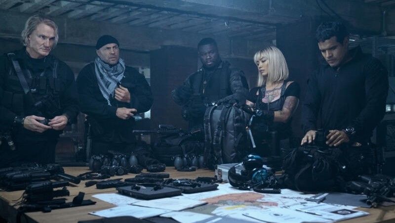 Dolph Lundgren, Randy Couture, Curtis "50 Cent" Jackson, Levy Tran and Jacob Scipio in Expend4bles