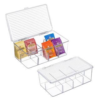 Two acrylic organizers, with one shut and one with teabags in