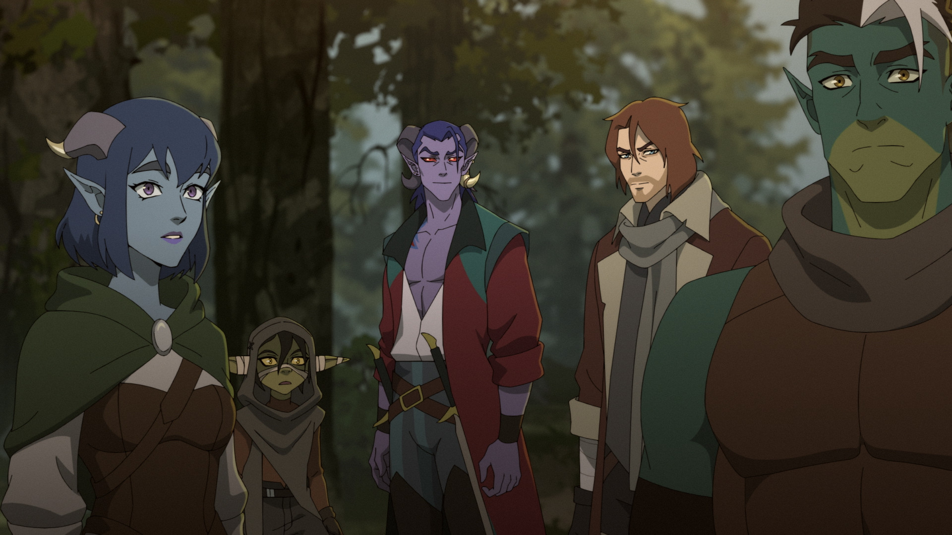 Jester, Knott, Mollymauk, Caleb, and Fjord standing in a forest in The Mighty Nein episode 4
