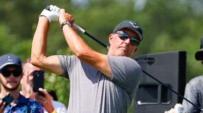 Phil Mickelson takes a shot during the 2023 LIV Golf Bedminster tournament