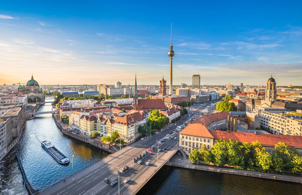 Berlin skyline with Spree River at sunset, Germany