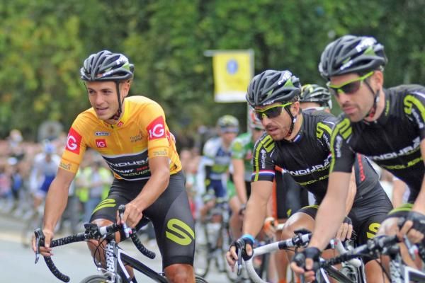 Race leader Jonathan Tiernan Locke leads his Endura teammates