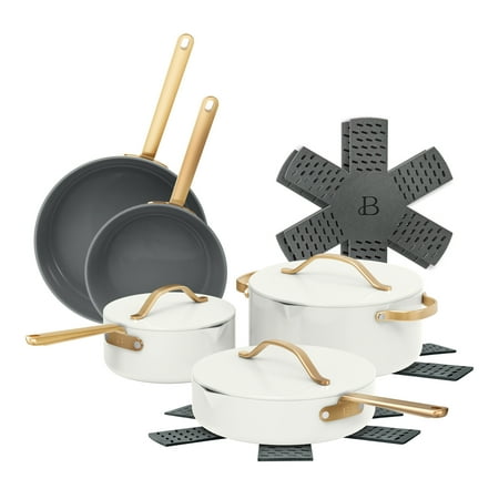Beautiful 12-Piece Ceramic Nonstick Cookware Set, Pots and Pans With Strainer Lids, White Icing by Drew Barrymore