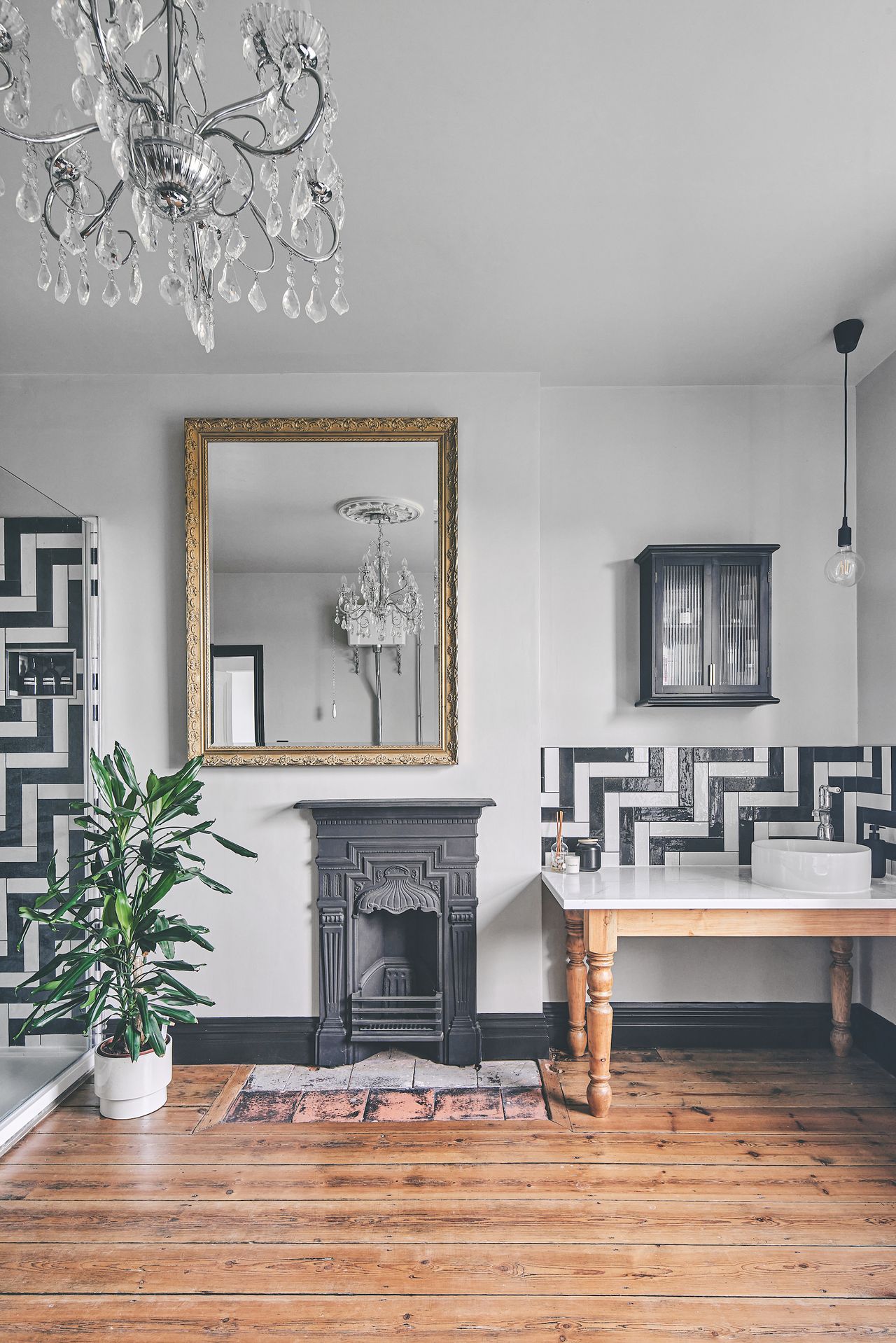 black and white bathroom with fireplace