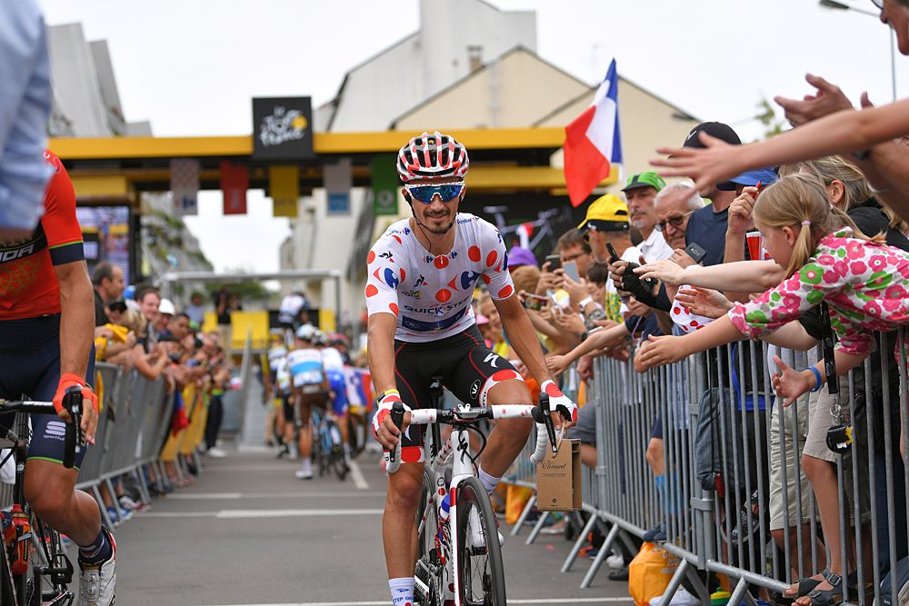 Polka-dot jersey Julian Alaphilippe (Quick-Step Floors) rides to the start line of stage 21 at the Tour de France