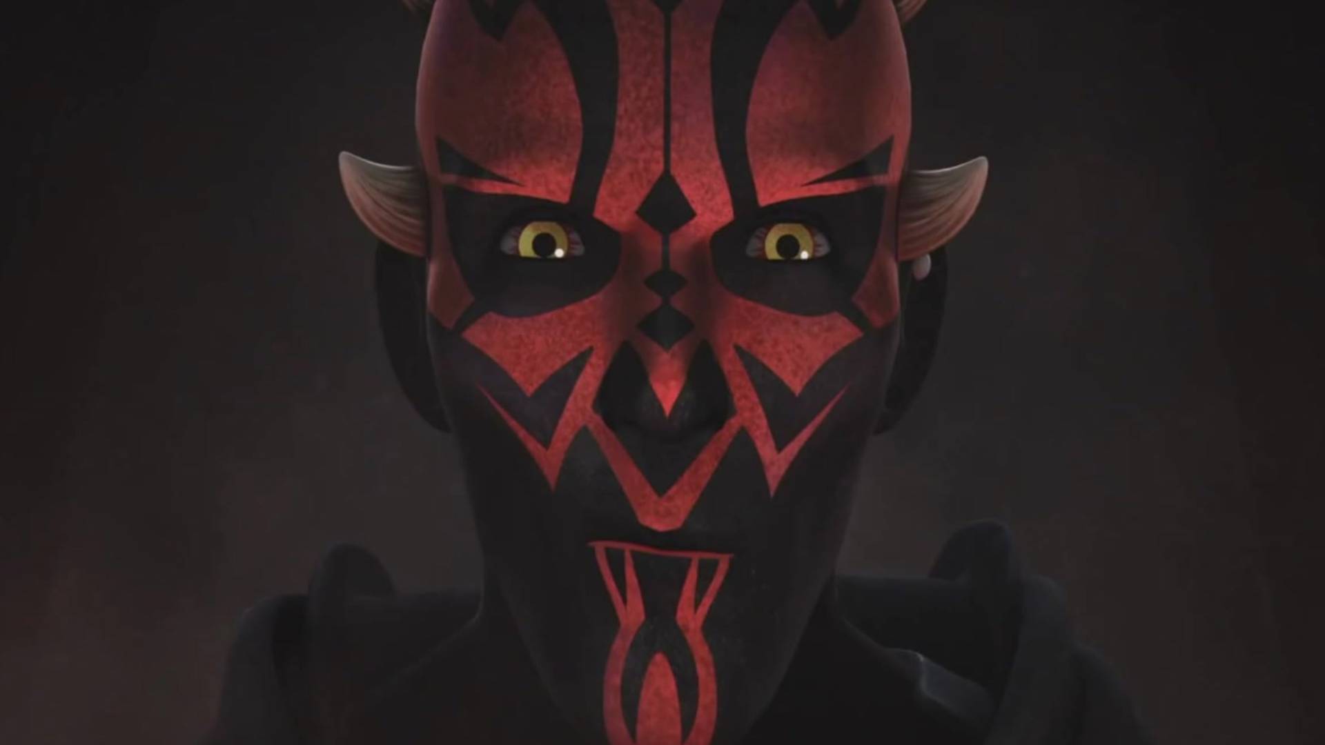A close-up of Darth Maul's face in Star Wars Rebels