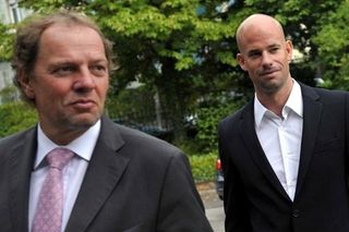 Stefan Schumacher (R) and lawyer Michael Lehner after the first CAS hearing for his positive in the Olympics in July, 2009.