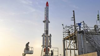 The Momo-F3 launch vehicle, an experimental sounding rocket built by the Japanese startup company Interstellar Technologies, stands on the launchpad on Japan's northernmost main island of Hokkaido.