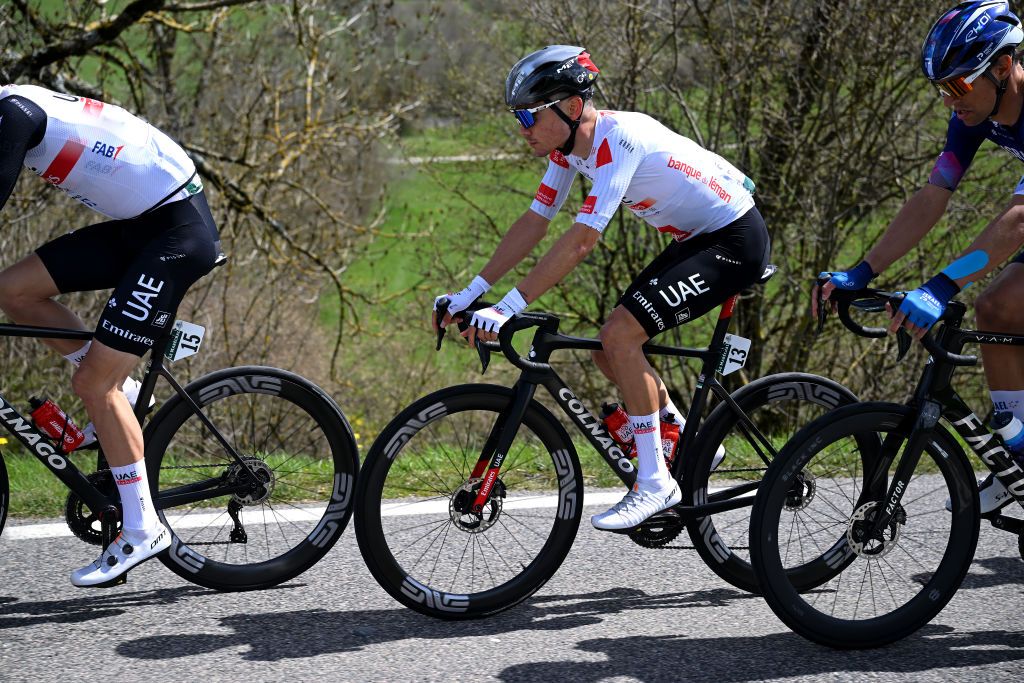 LA CHAUXDEFONDS SWITZERLAND APRIL 27 Juan Ayuso of Spain and UAE Team Emirates White best young jersey competes during the 76th Tour De Romandie 2023 Stage 2 a 1627km stage from Morteau to La ChauxdeFonds UCIWT on April 27 2023 in La ChauxdeFonds Switzerland Photo by Dario BelingheriGetty Images