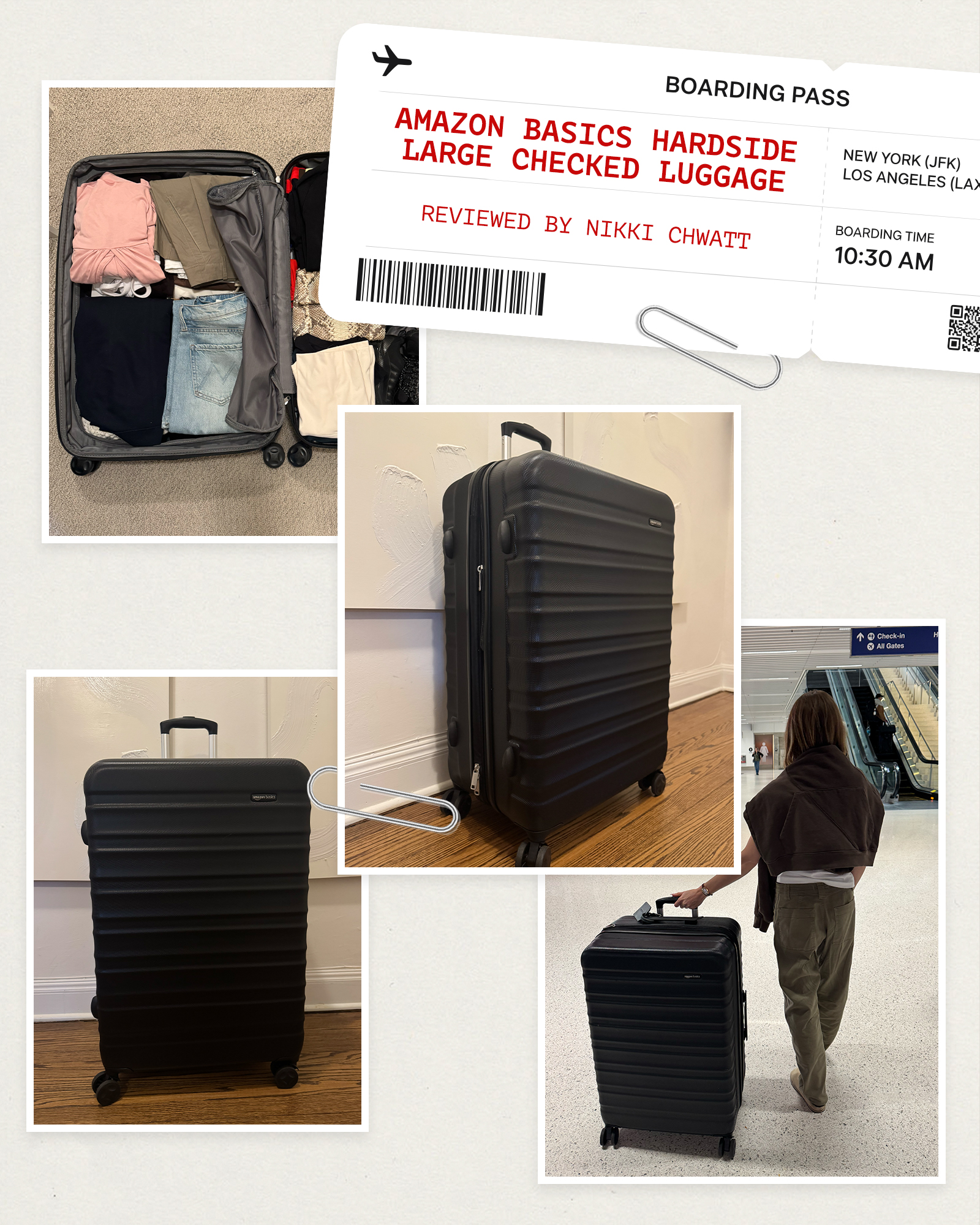 Collage of Amazon Basics' Hardside Large Checked Luggage.