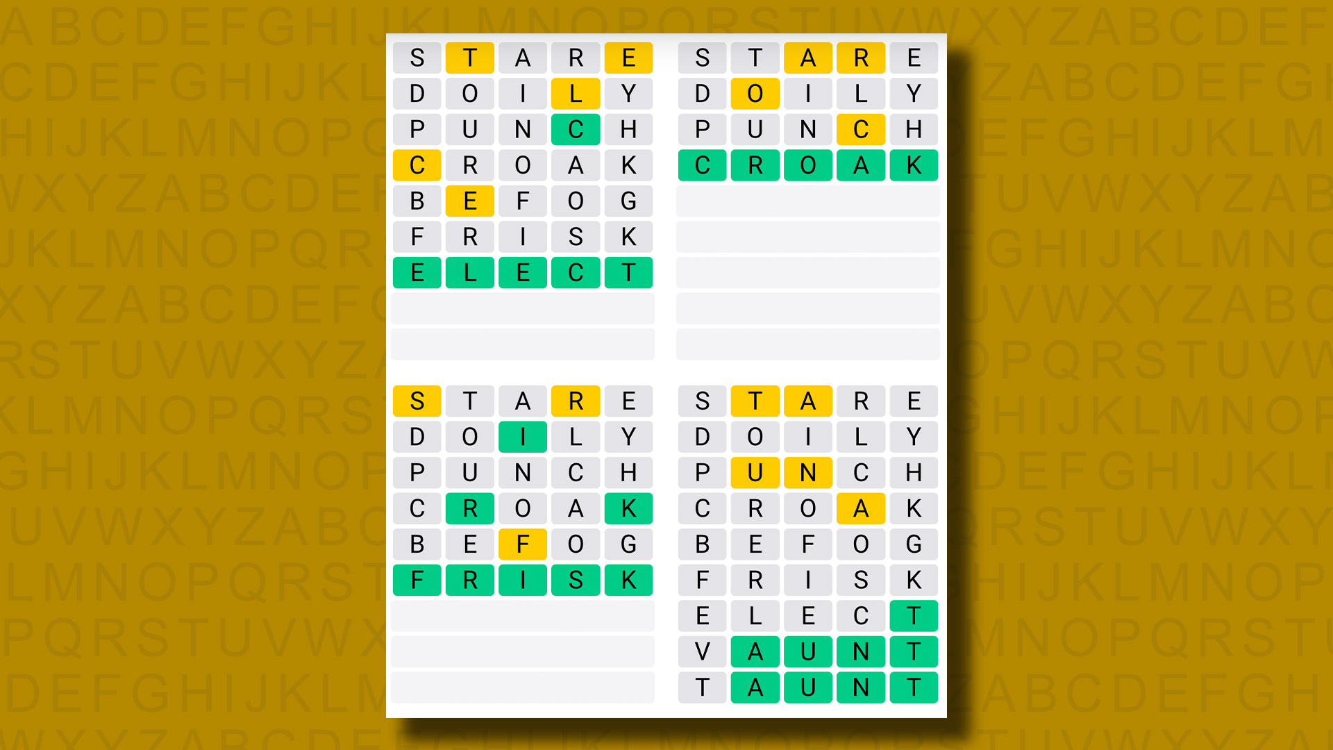 Quordle answers for game 985 on a yellow background