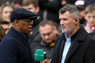 MANCHESTER, ENGLAND - MARCH 19: Former Footballers Ian Wright and Roy Keane speak as they present on ITV Sport prior to the Emirates FA Cup Quarter Final match between Manchester United and Fulham at Old Trafford on March 19, 2023 in Manchester, England. (Photo by Michael Regan/Getty Images) Arsenal legend