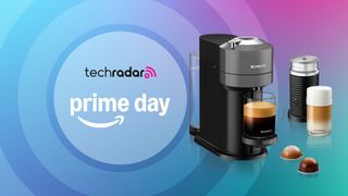 Nespresso coffee machine on blue background with text reading 'TechRadar Prime Day'