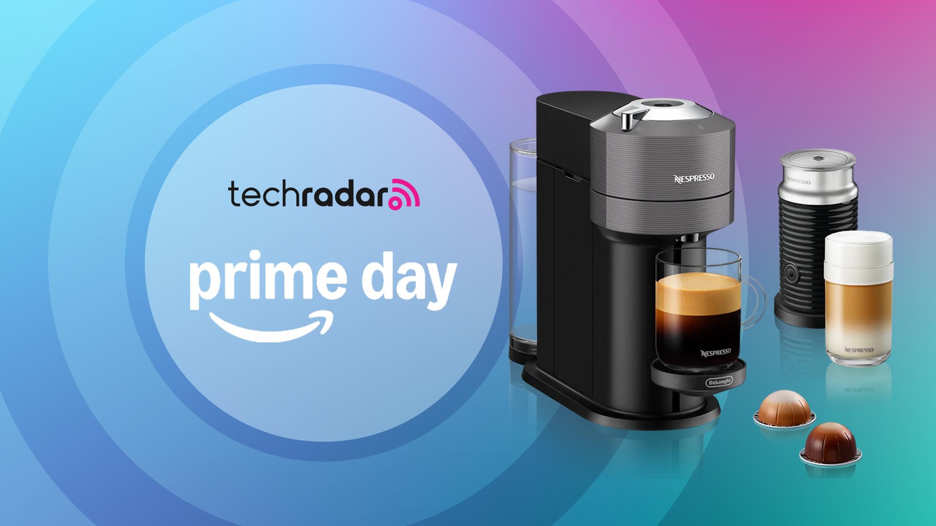 Nespresso coffee machine on blue background with text reading &#039;TechRadar Prime Day&#039;