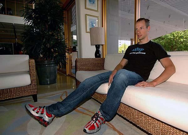 Slovenian Matej Mugerli relaxes after a long flight from Europe.