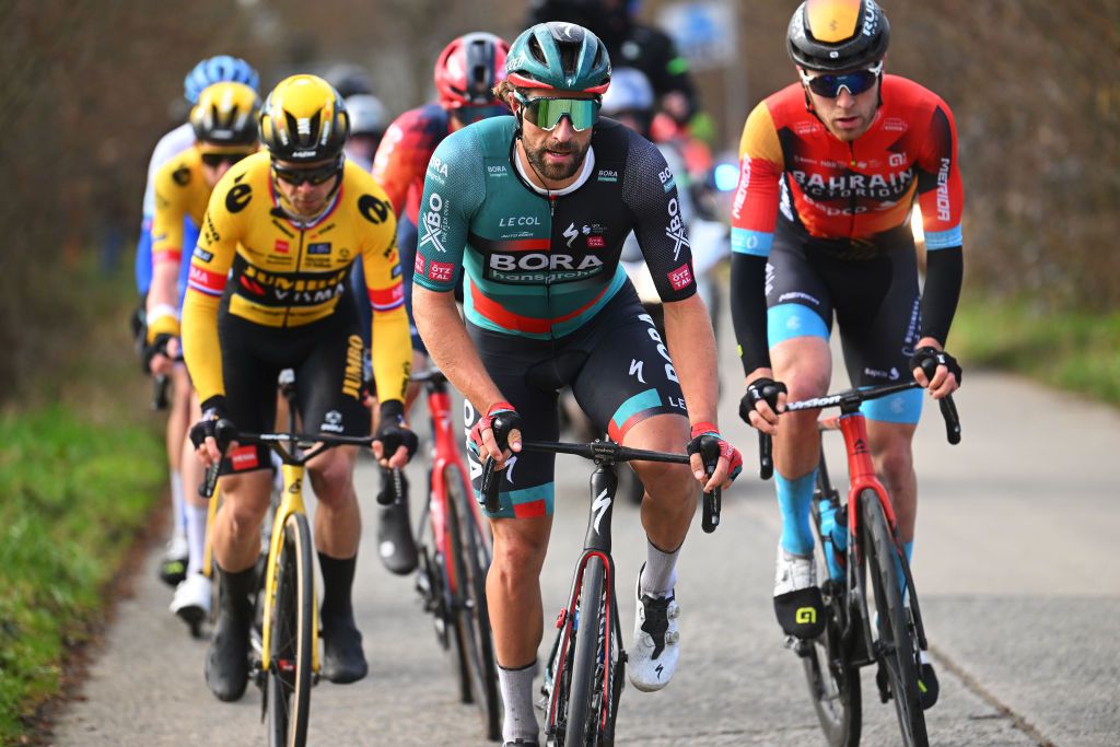 NINOVE BELGIUM FEBRUARY 25 Marco Haller of Austria and Team Bora Hansgrohe leads the breakaway during the 78th Omloop Het Nieuwsblad Elite 2023 Mens Elite a 2073km one day race from Ghent to Ninove OHN23 on February 25 2023 in Ninove Belgium Photo by Luc ClaessenGetty Images