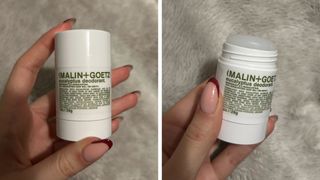 A photo collage (L-R) a hand holding the Malin + Goetz Bergamot Deodorant and a photo of a hand holding the deodorant open