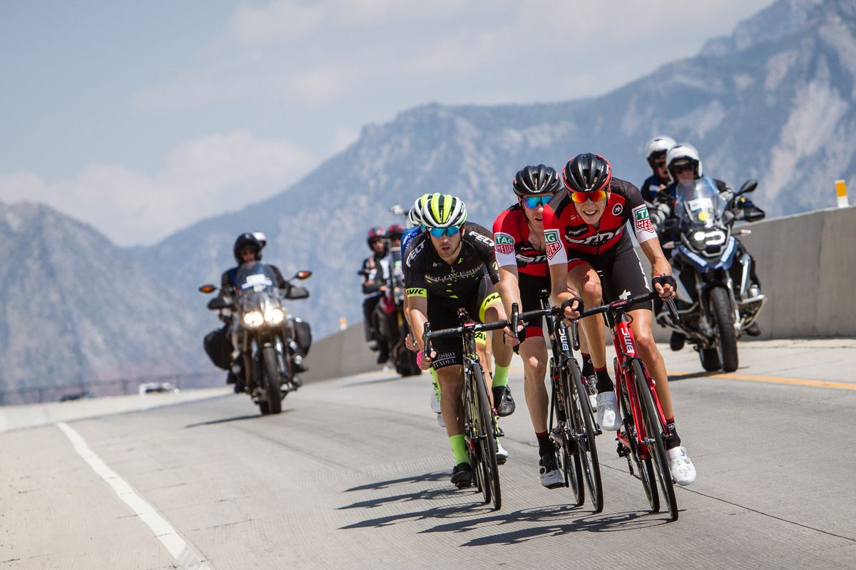 Brent Bookalter gets help trying to bridge to the leaders near the end of stage 6 at the Tour of Utah