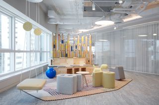 An office breakout zone with colourful furniture