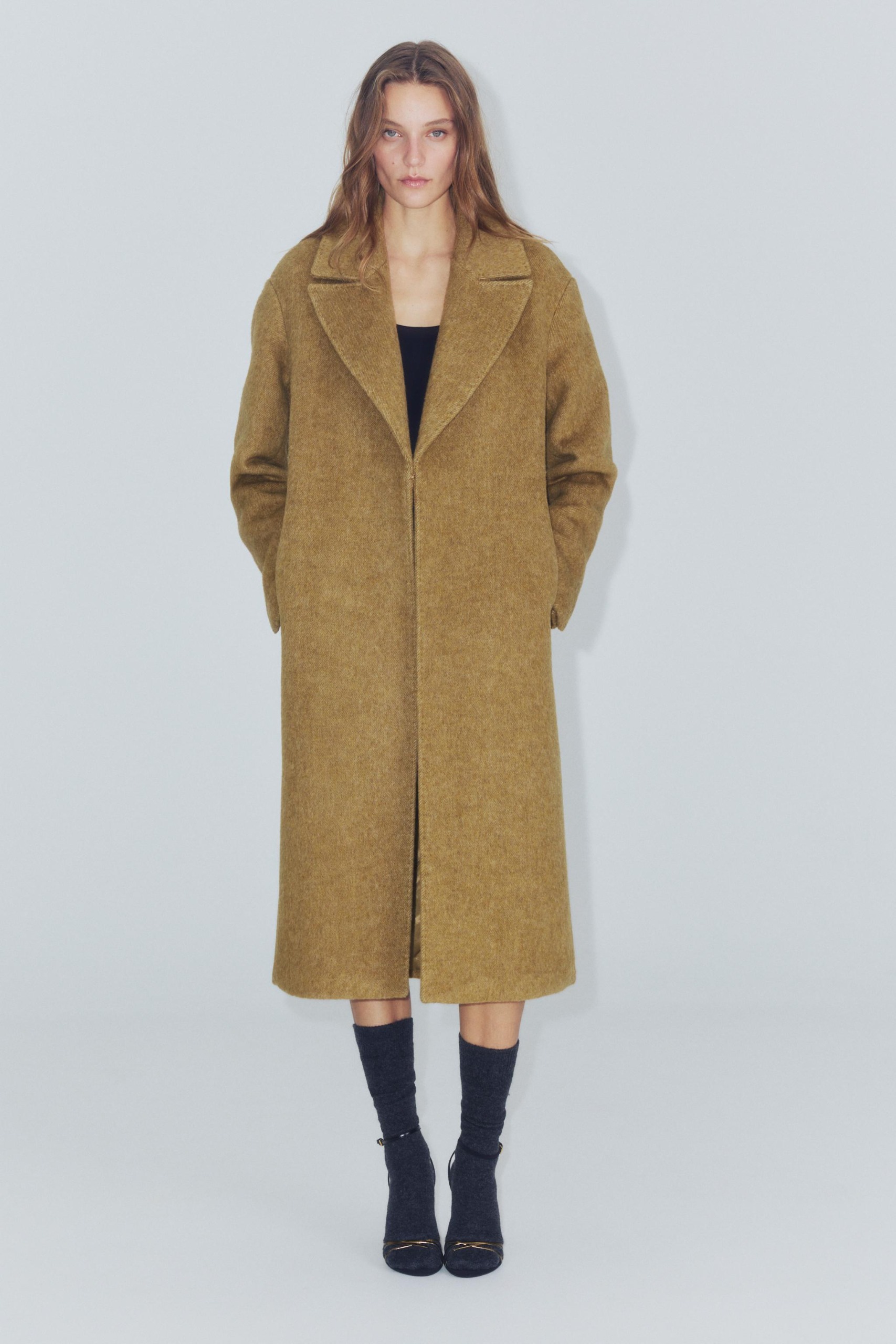 ZARA Zw Collection Long Wool Blend Coat - Mustard - Xs