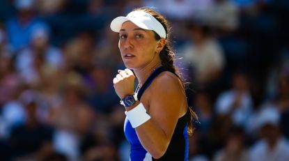 Jessica Pegula of the United States reacts to converting match points against Diana Shnaider in the fourth round on Day 8 of the US Open at USTA Billie Jean King National Tennis Center on September 02, 2024 in New York City.