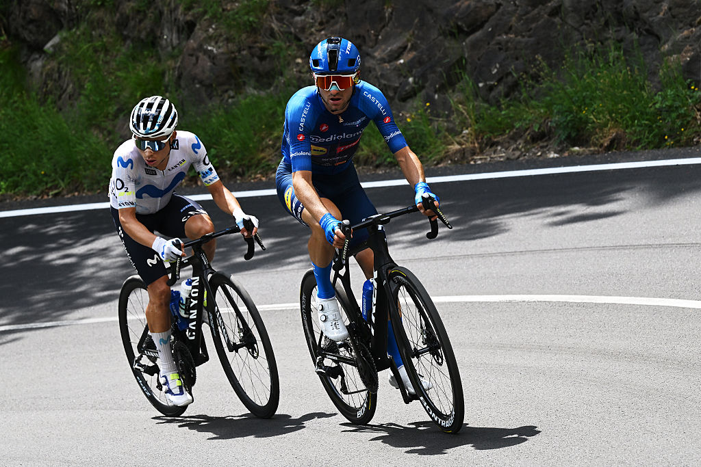 ALLEGHE, ITALY - MAY 29: (L-R) Einer Rubio of Colombia and Team Movistar and Giulio Ciccone of Italy and Team Lidl - Trek - Blue Mountain Jersey compete in the breakaway during the 109th Giro d&amp;amp;apos;Italia 2026, Stage 19 a 151km stage from Feltre to Alleghe - Piani di Pezze 1467m / #UCIWT / on May 29, 2026 in Alleghe, Italy. (Photo by Dario Belingheri/Getty Images)
