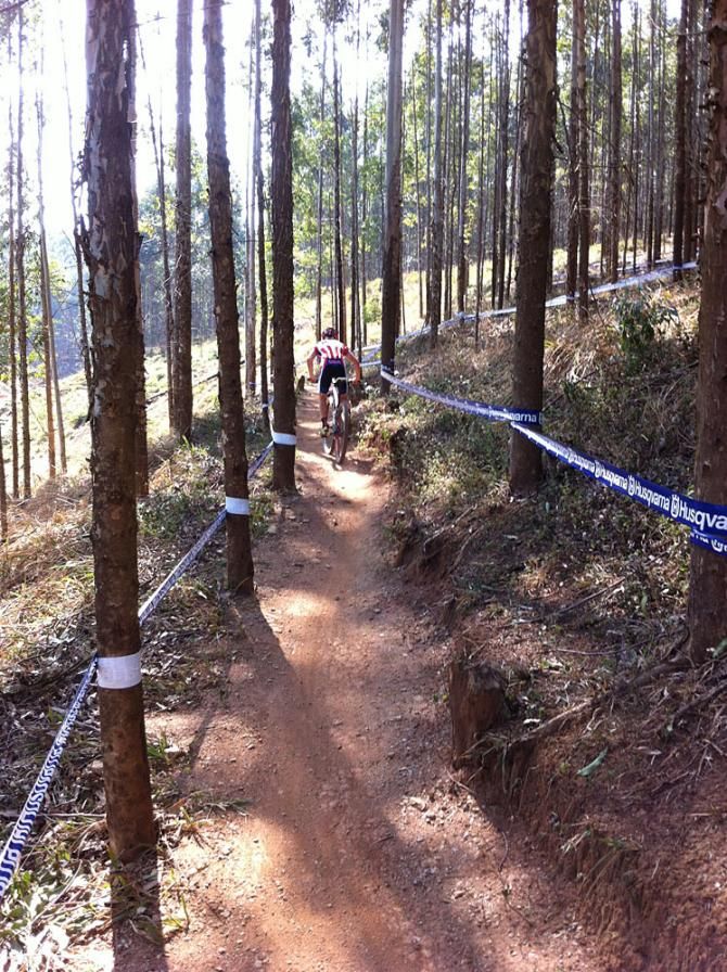 An American rider on a singletrack climb on the second half of the cross country course