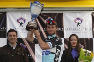 Mark Cavendish on the podium after winning the 2015 Classica de Almeria from Juan Jose Lobato and team-mate Mark Renshaw