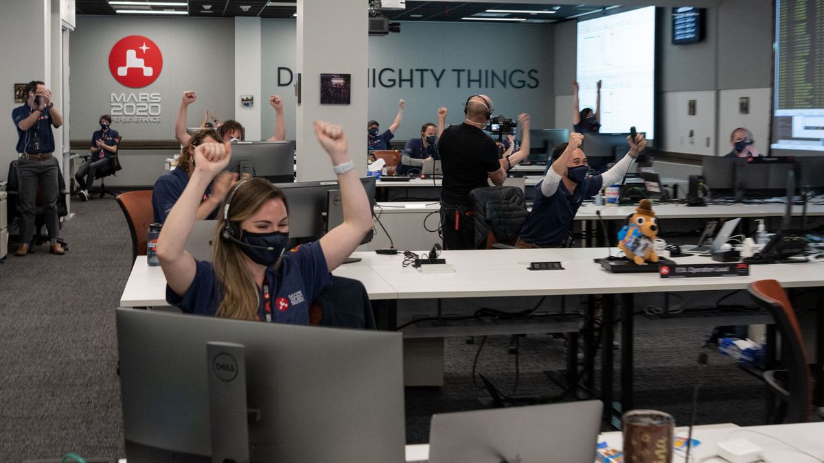Inside a mission support area at NASA's Jet Propulsion Laboratory in Southern California, Mars 2020 Perseverance team members displayed their joy as the spacecraft successfully completed a complex series of steps to safely touch down on the Martian surface.
