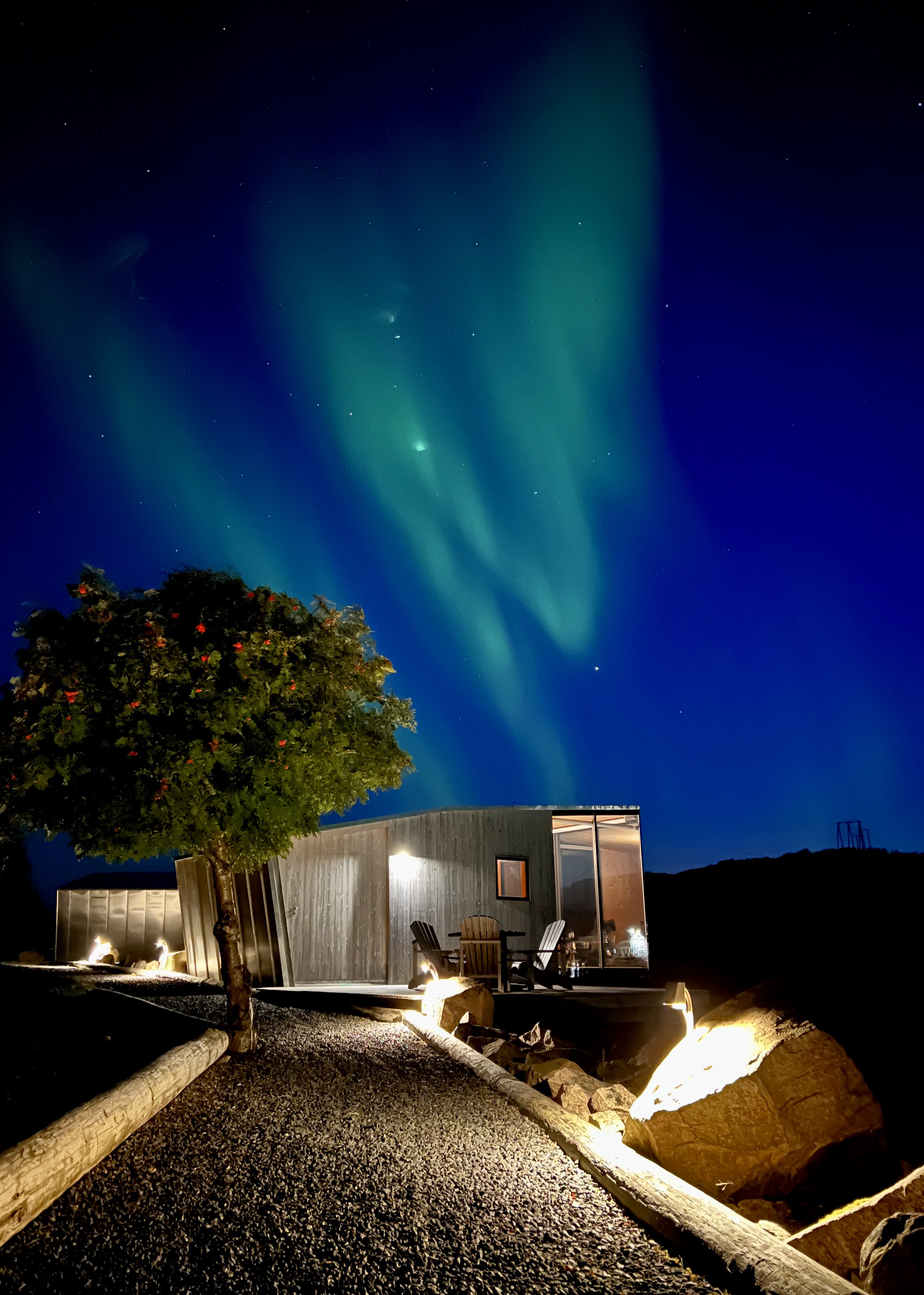 View of a modular room at the the hotel Manshausen at night with the Northern Lights above in the sky in green and blue. A tree with red blooms is in the foreground.