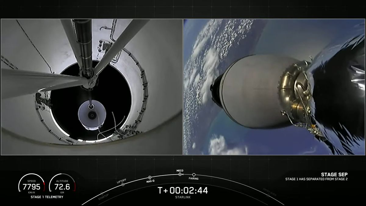 A view of the Falcon 9 rocket at main engine cutoff.