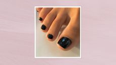 A close-up of someone's foot with a glossy black pedicure by nail artist, Milly Mason (@millymason_) /in a purple template