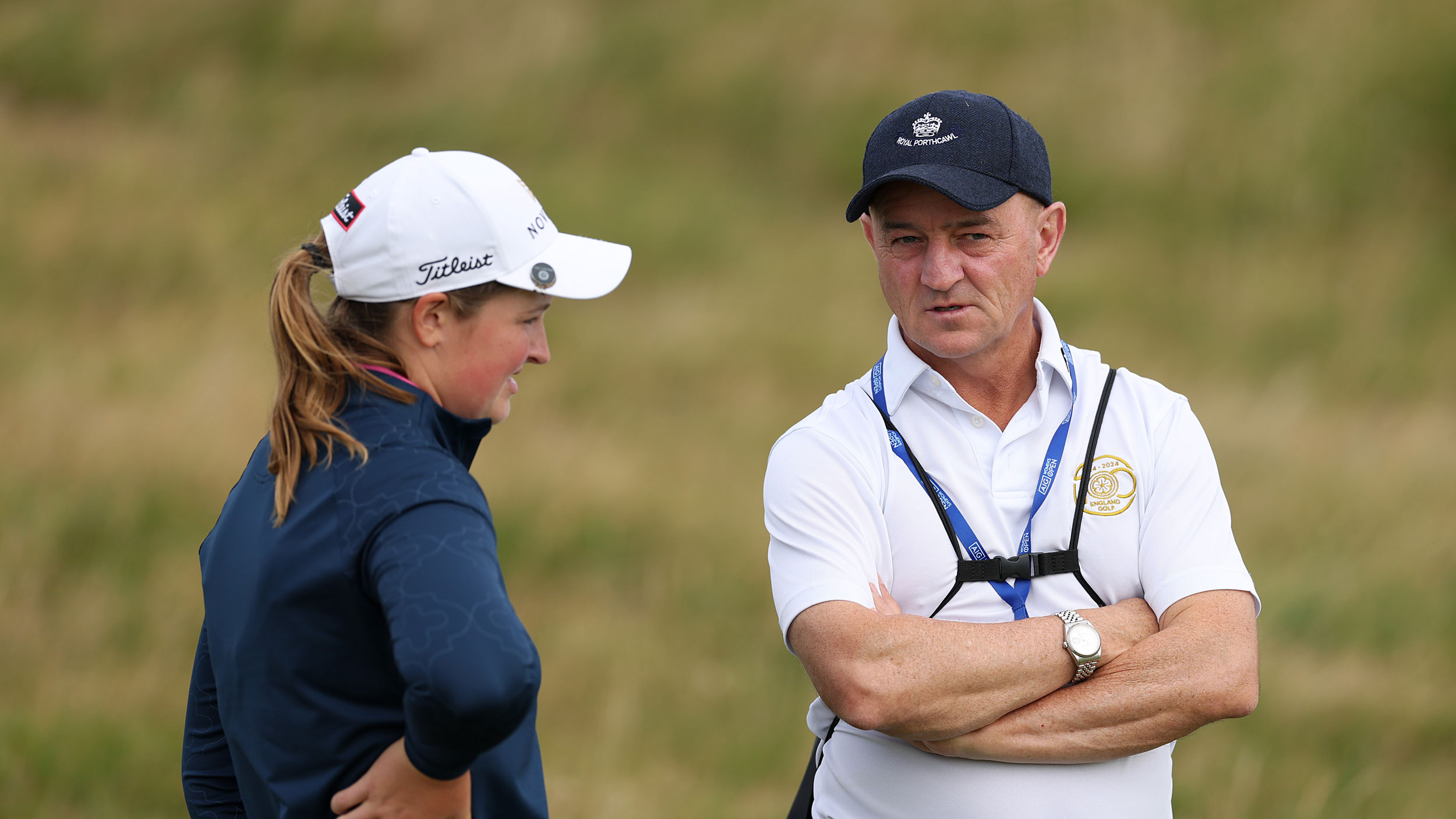 Lottie Woads (left) speaks to Nigel Edwards at the 2025 AIG Women's Open