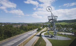 A double flight staircase brings visitors up past a series of landings to a 17m lookout over the Swiss German landscape