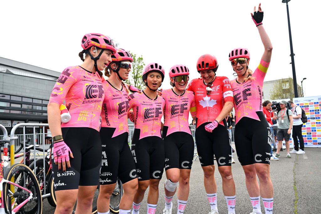 DENAIN FRANCE APRIL 06 A general view of Alison Jackson of Canada Letizia Borghesi of Italy Lotta Henttala of Finland Nina Kessler of The Netherlands Coryn Labecki of Italy Noemi Ruegg of Switzerland and Team EF EducationCannondale prior to the 4th ParisRoubaix Femmes 2024 a 1485km one day race from Denain to Roubaix on UCIWWT April 06 2024 in Denain France Photo by Luc ClaessenGetty Images